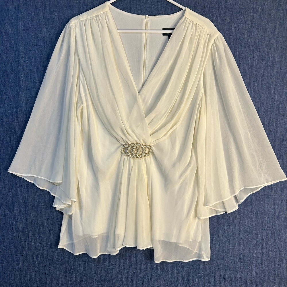 connected apparel Cream V-Neck Draped Blouse with Beaded Accent